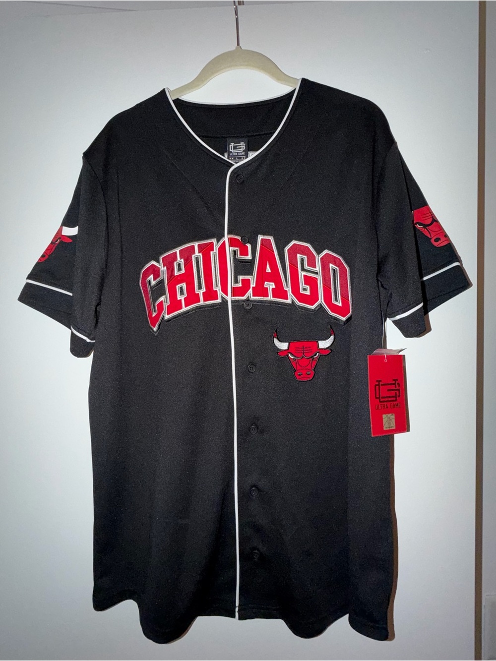 Chicago Bulls Black Button-Up Team Jersey with Red Accents